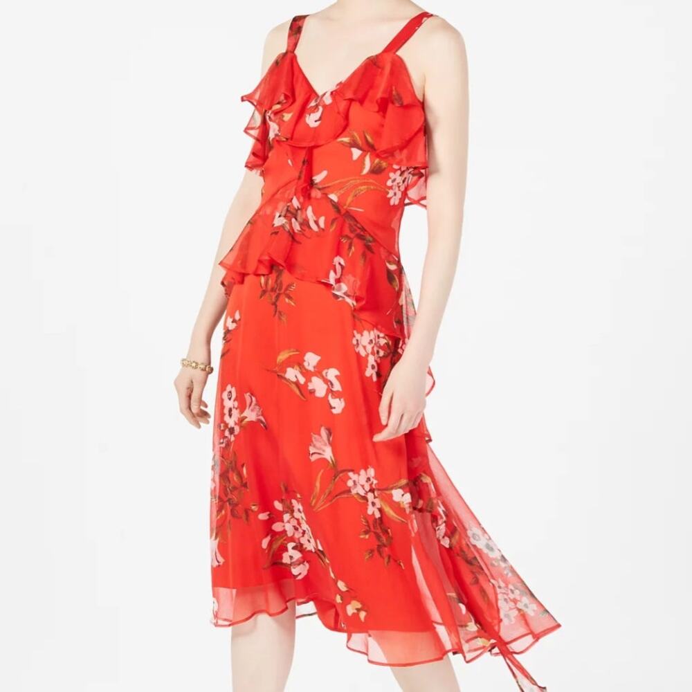 TAYLOR NWOT Floral-Print Ruffled Flounce Sleeveless V-neck Midi Dress Red 12